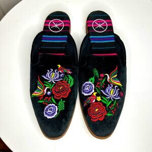 Inkkas Frida velvet floral embroidered slip on slide mule shoes. Size 7